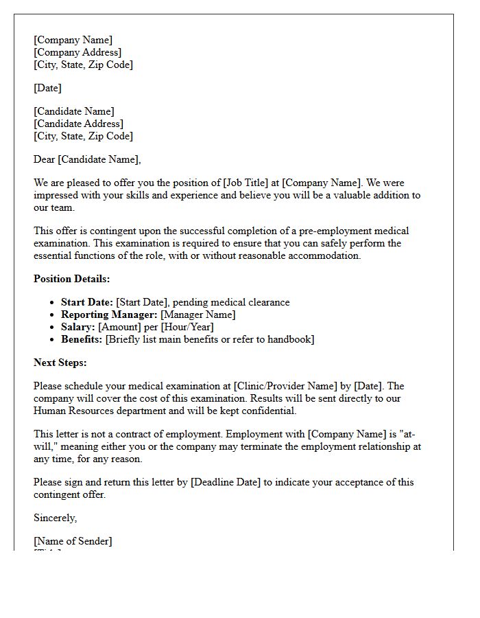 Contingent Employment Offer Letter Pending Pre-Employment Medical Examination
