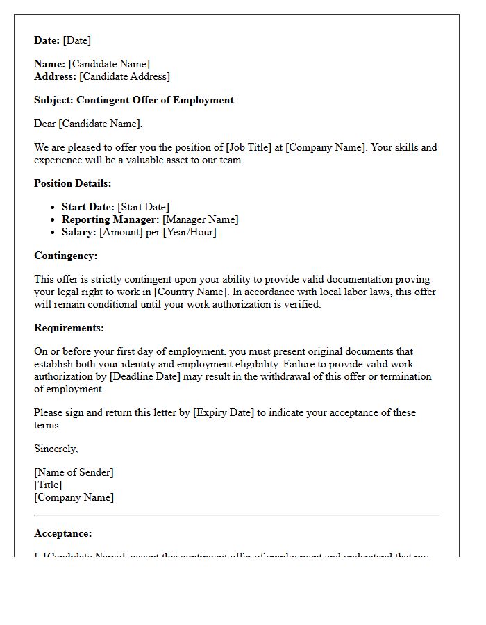 Contingent Employment Offer Letter Subject to Valid Work Authorization