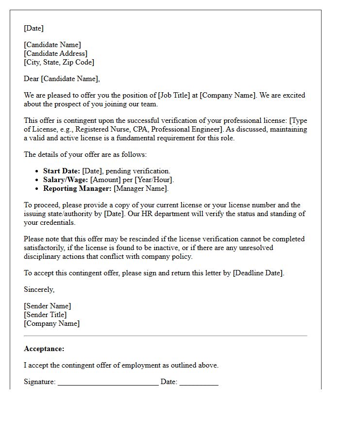 Contingent Employment Offer Letter Pending Professional License Verification
