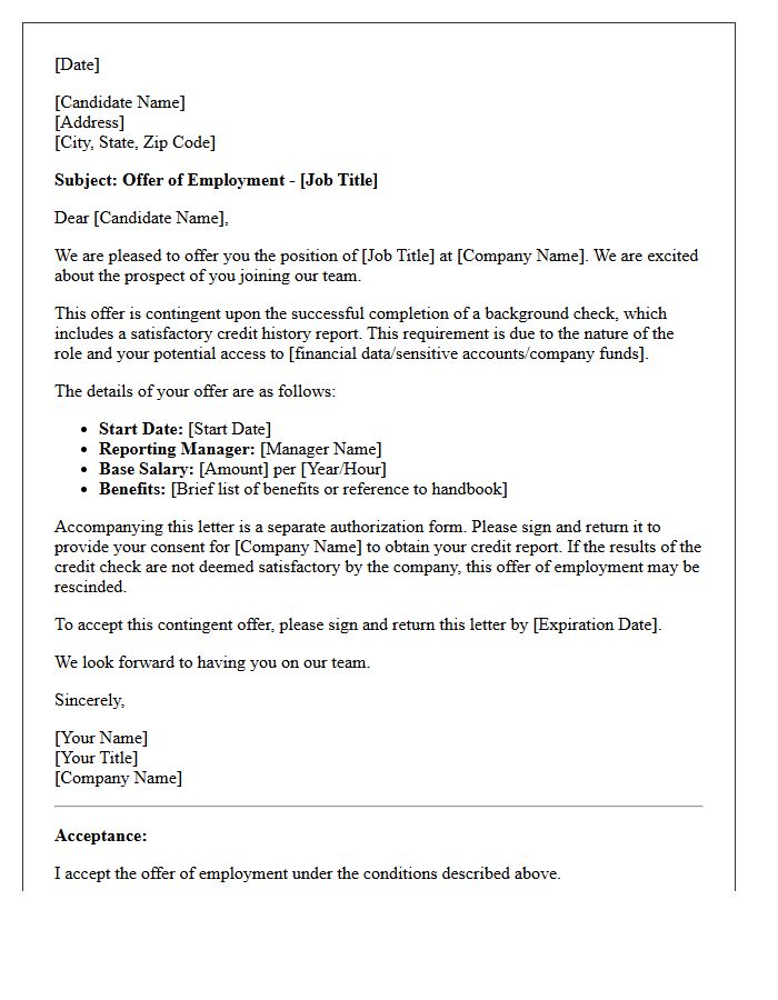 Contingent Employment Offer Letter Subject to Satisfactory Credit Check