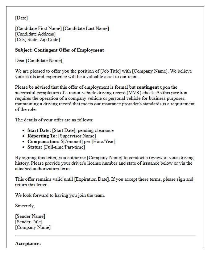 Contingent Employment Offer Letter Pending Driving Record Clearance
