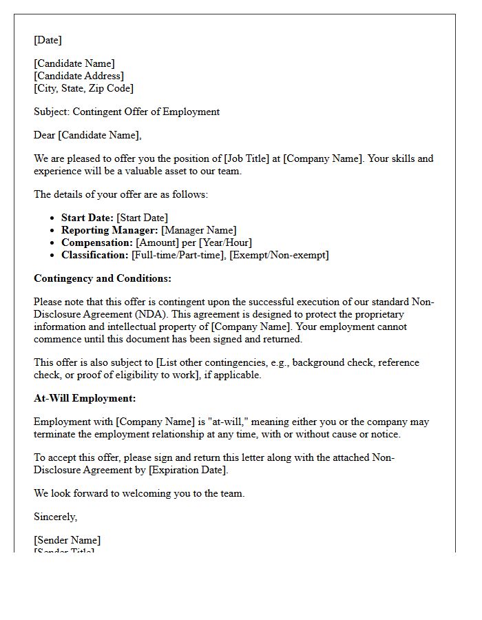 Contingent Employment Offer Letter Subject to Non-Disclosure Agreement Execution