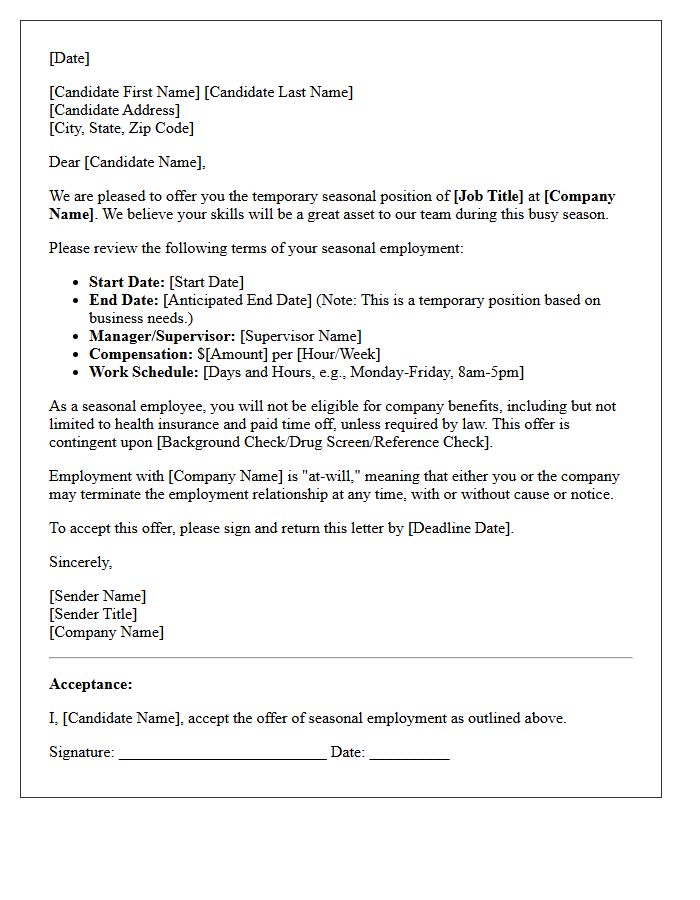 Seasonal Temporary Position Offer Letter
