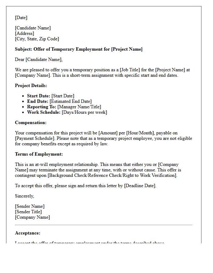 Short-Term Project Temporary Position Offer Letter