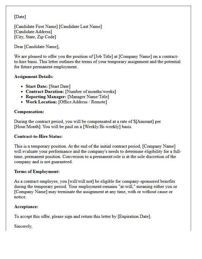 Contract-to-Hire Temporary Position Offer Letter