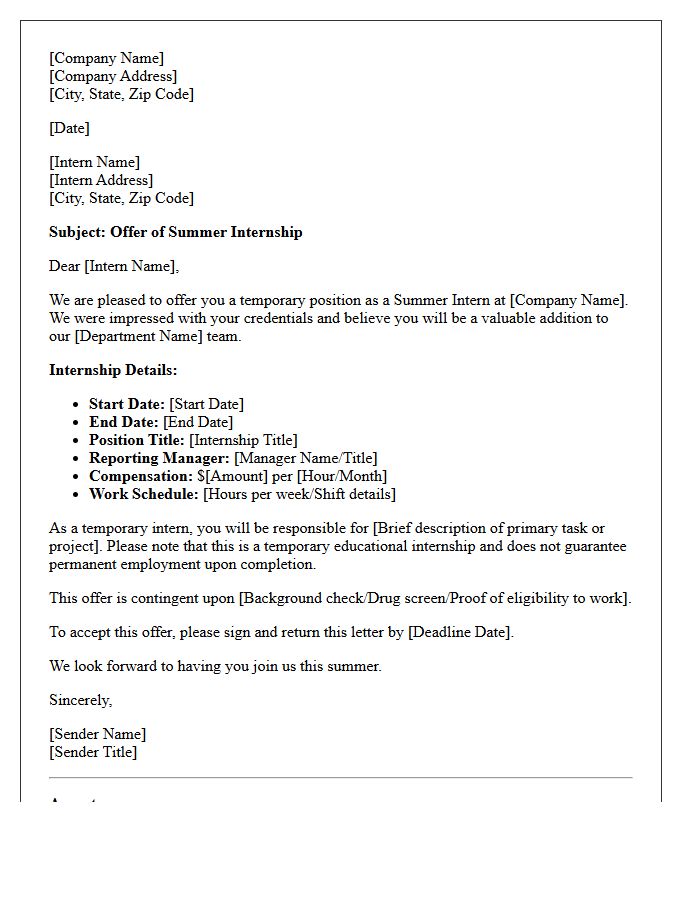 Summer Internship Temporary Position Offer Letter