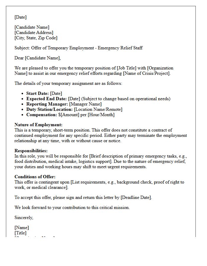 Emergency Relief Staff Temporary Position Offer Letter