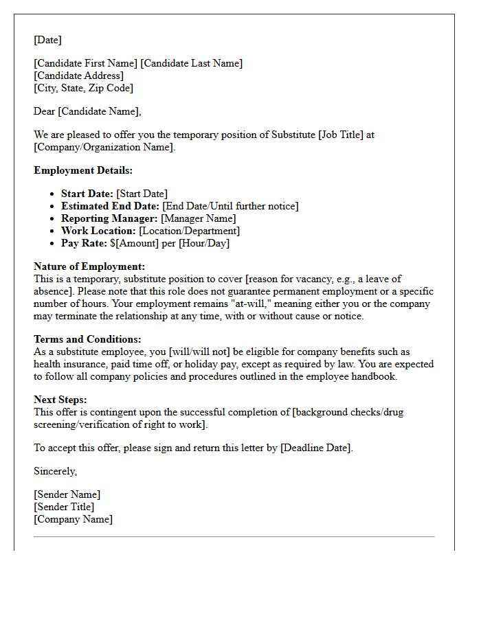 Substitute Employee Temporary Position Offer Letter