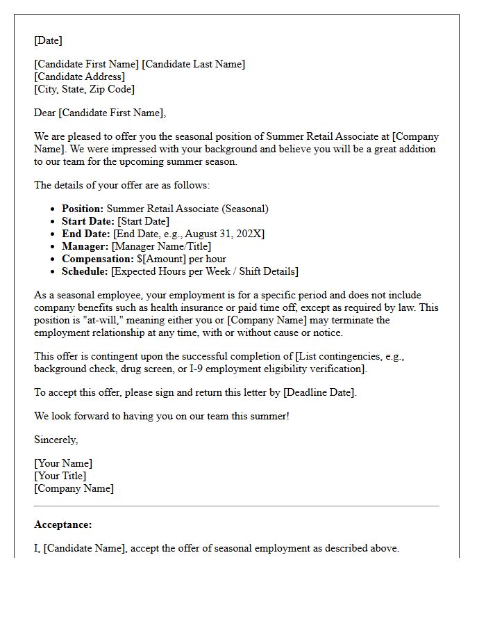 Summer Retail Associate Seasonal Employment Offer Letter
