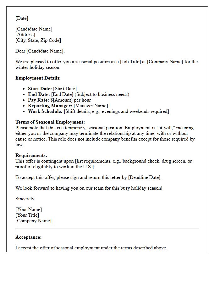 Winter Holiday Staff Seasonal Employment Offer Letter