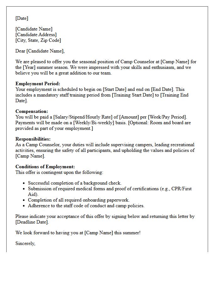 Summer Camp Counselor Seasonal Employment Offer Letter