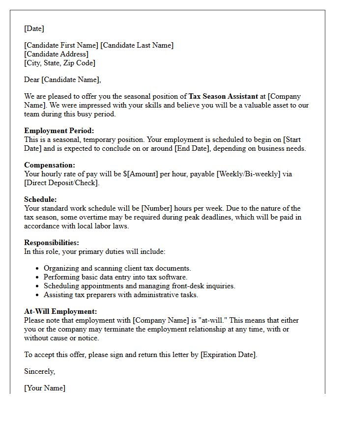Tax Season Assistant Seasonal Employment Offer Letter