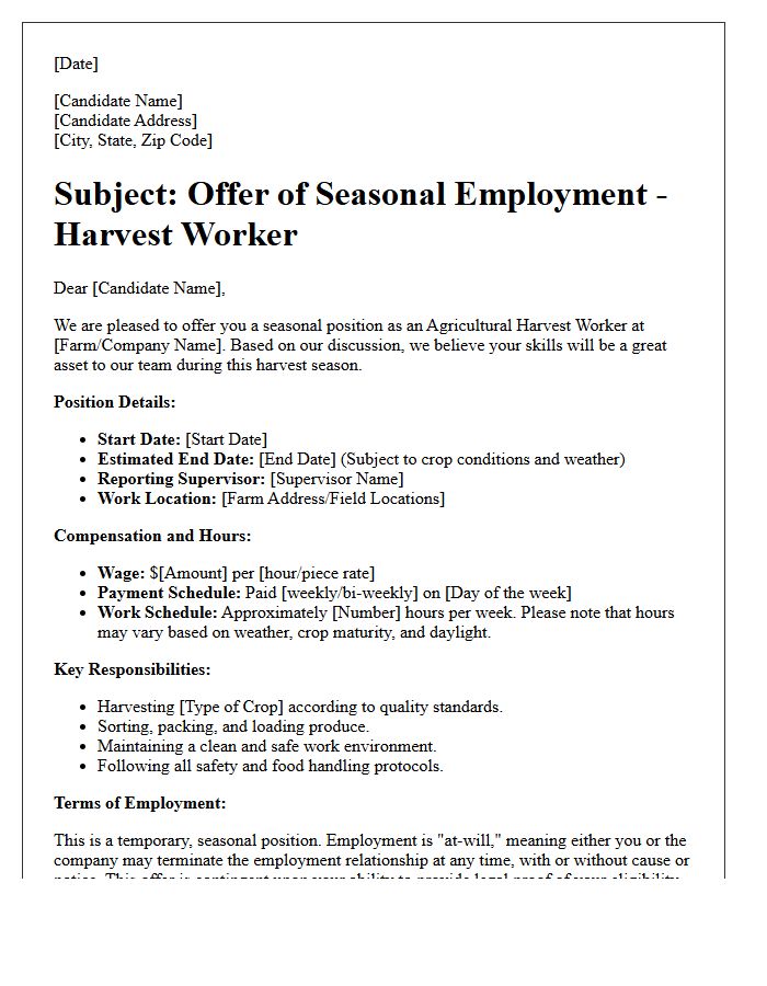 Agricultural Harvest Worker Seasonal Employment Offer Letter