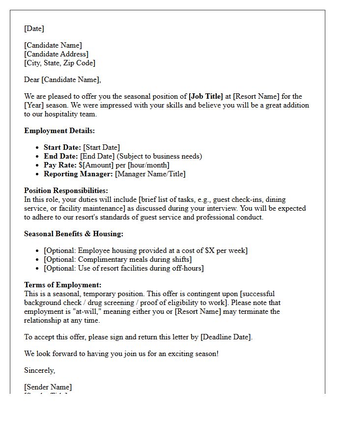 Resort Hospitality Staff Seasonal Employment Offer Letter