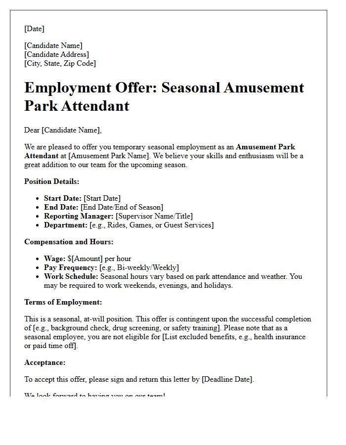 Amusement Park Attendant Seasonal Employment Offer Letter