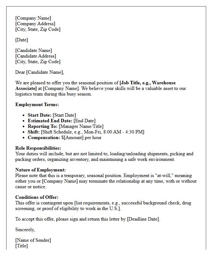 Warehouse Logistics Seasonal Employment Offer Letter