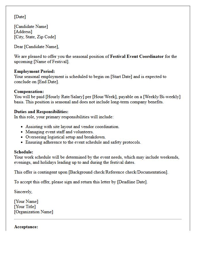 Festival Event Coordinator Seasonal Employment Offer Letter