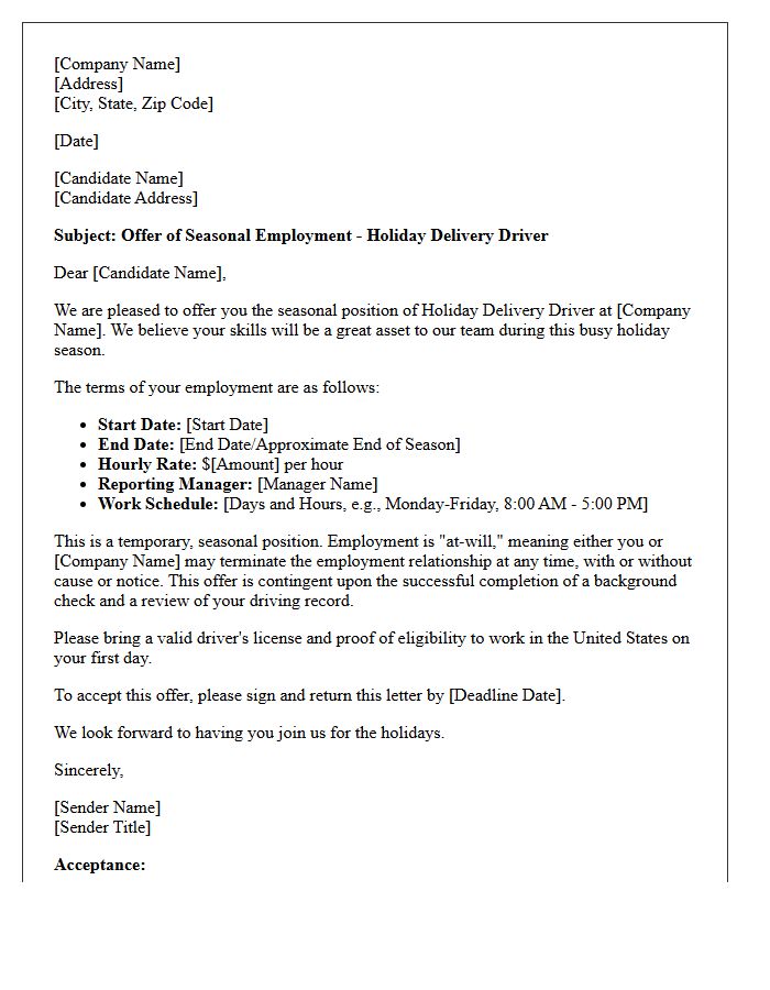 Holiday Delivery Driver Seasonal Employment Offer Letter