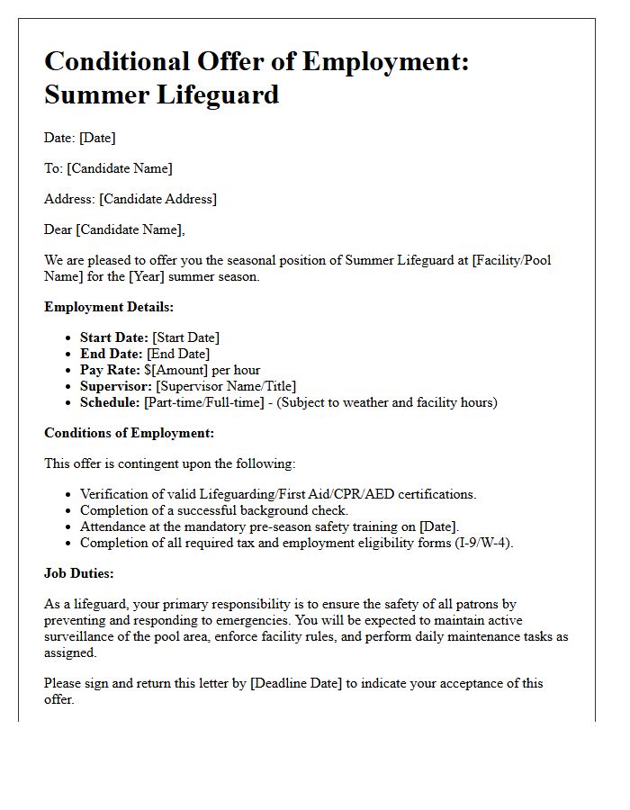 Summer Lifeguard Seasonal Employment Offer Letter