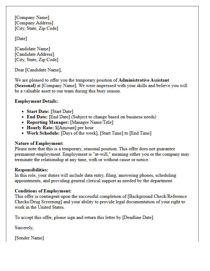 Temporary Administrative Seasonal Employment Offer Letter