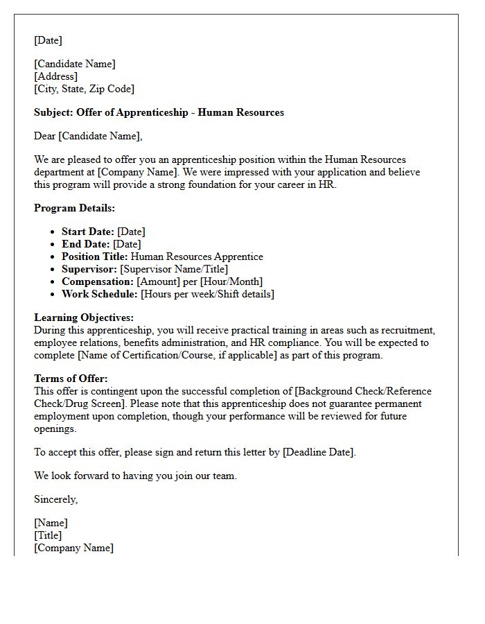 Human Resources Apprenticeship Program Offer Letter