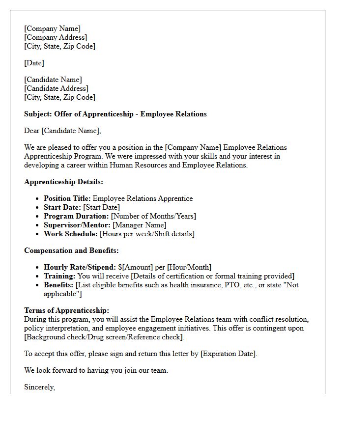Employee Relations Apprenticeship Program Offer Letter