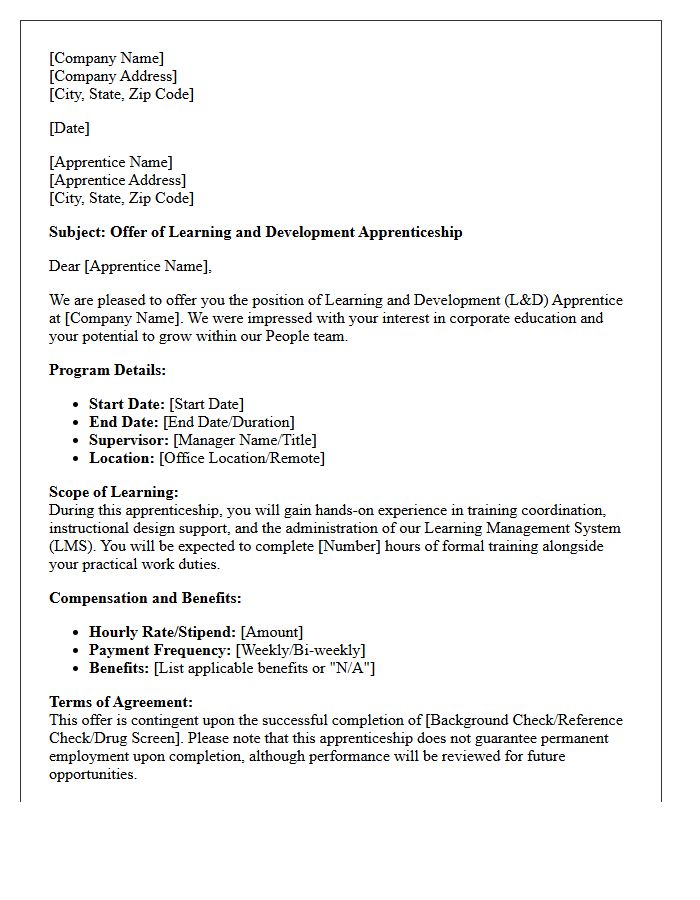 Learning and Development Apprenticeship Program Offer Letter