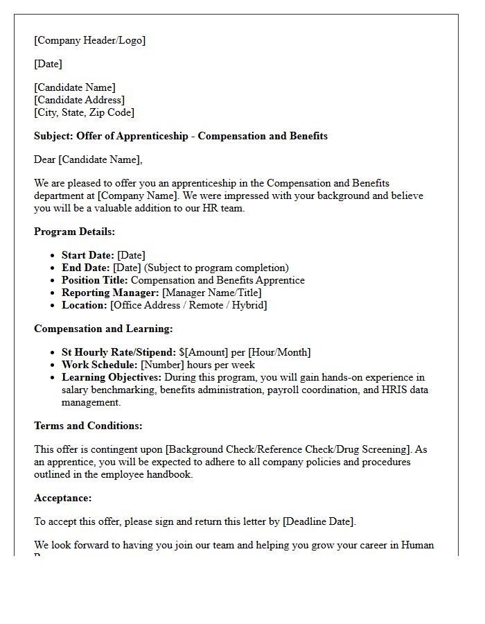 Compensation and Benefits Apprenticeship Program Offer Letter