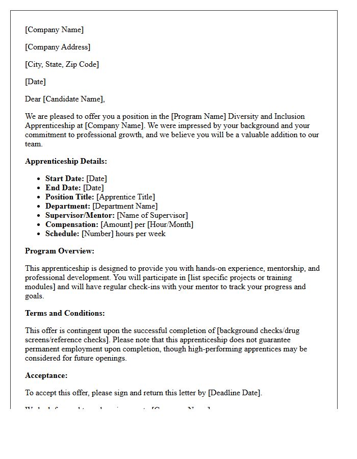 Diversity and Inclusion Apprenticeship Program Offer Letter