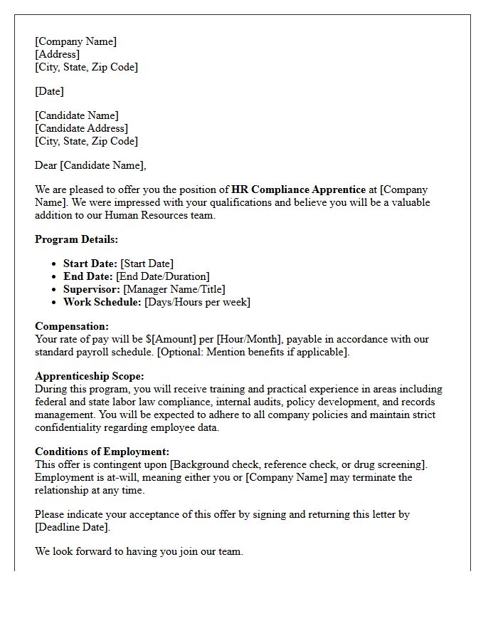 Human Resources Compliance Apprenticeship Program Offer Letter