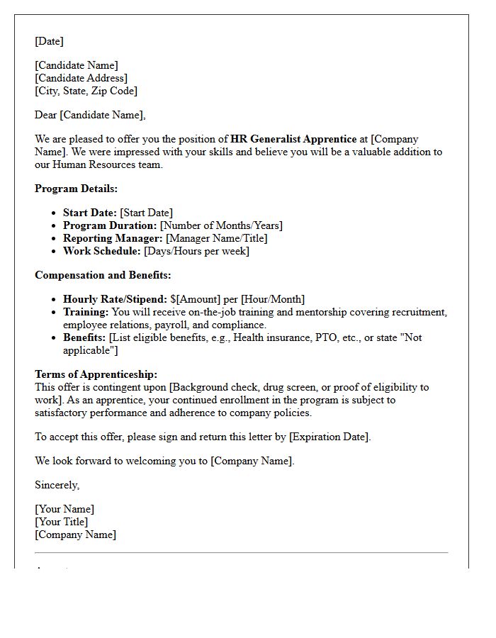 Human Resources Generalist Apprenticeship Program Offer Letter