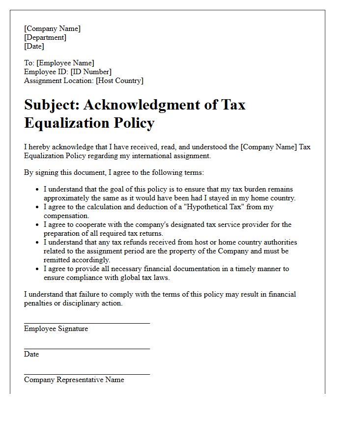 Tax Equalization Policy Acknowledgment Letter