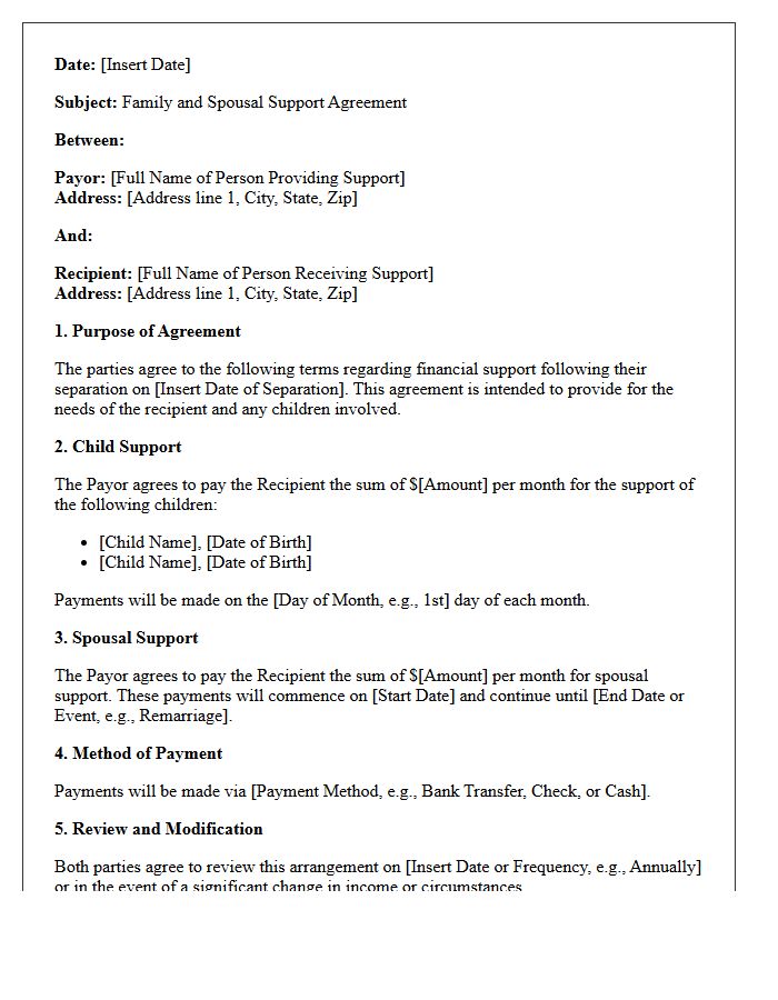 Family and Spousal Support Arrangement Letter