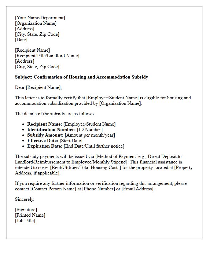 Housing and Accommodation Subsidization Letter