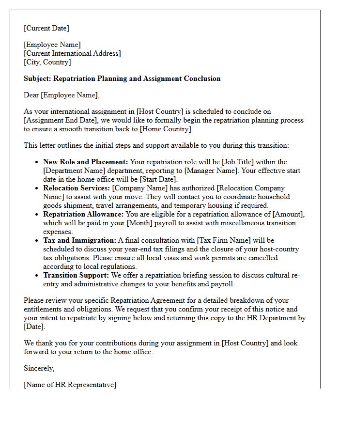Expatriate Repatriation Planning Letter