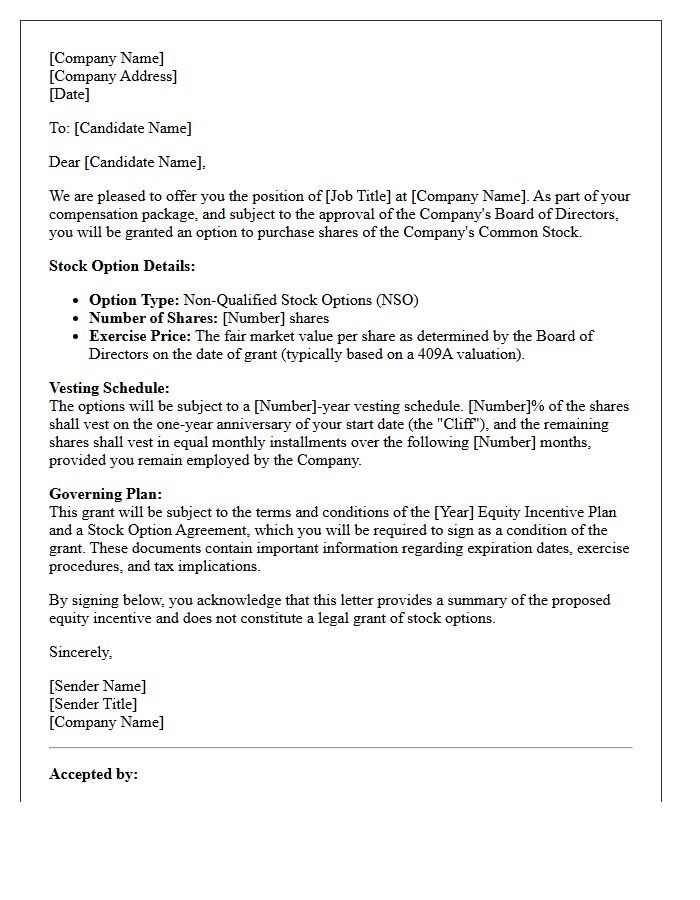 Non-Qualified Stock Options Startup Offer Letter