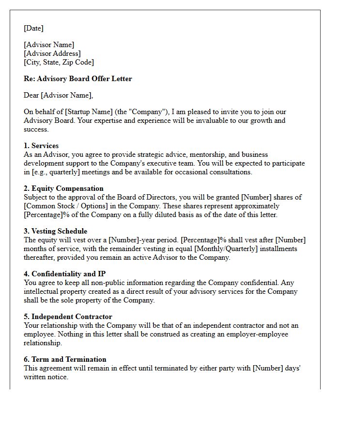Advisory Board Equity-Based Startup Offer Letter