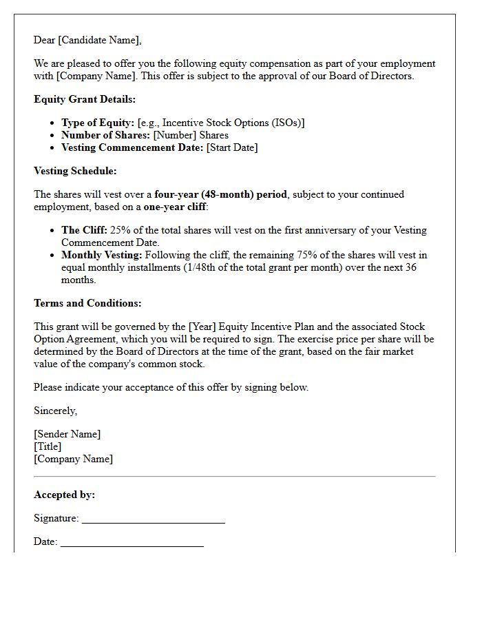 Standard Vesting Cliff Equity Startup Offer Letter
