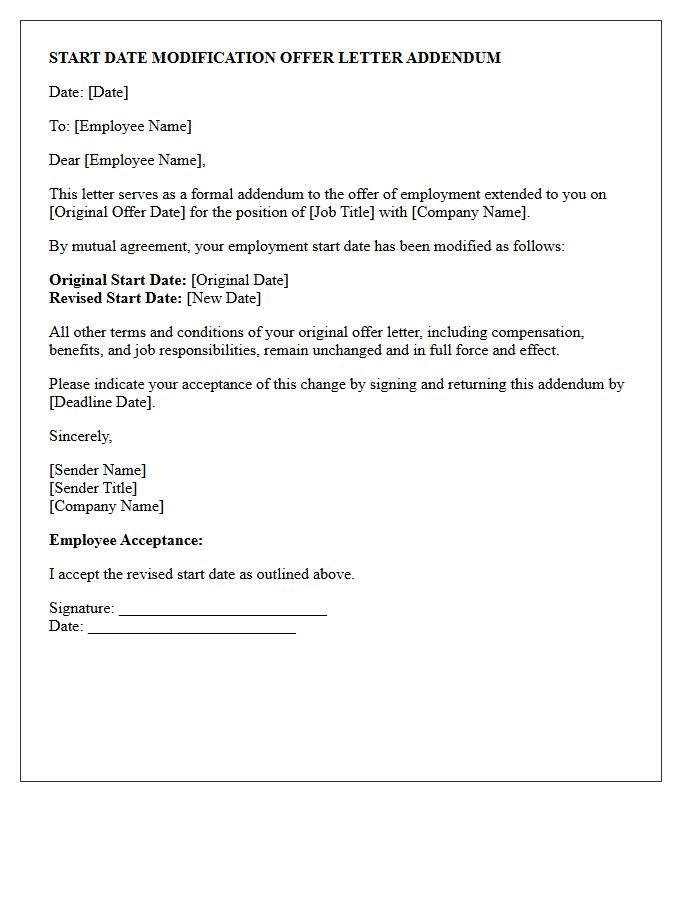 Start Date Modification Offer Letter Addendum