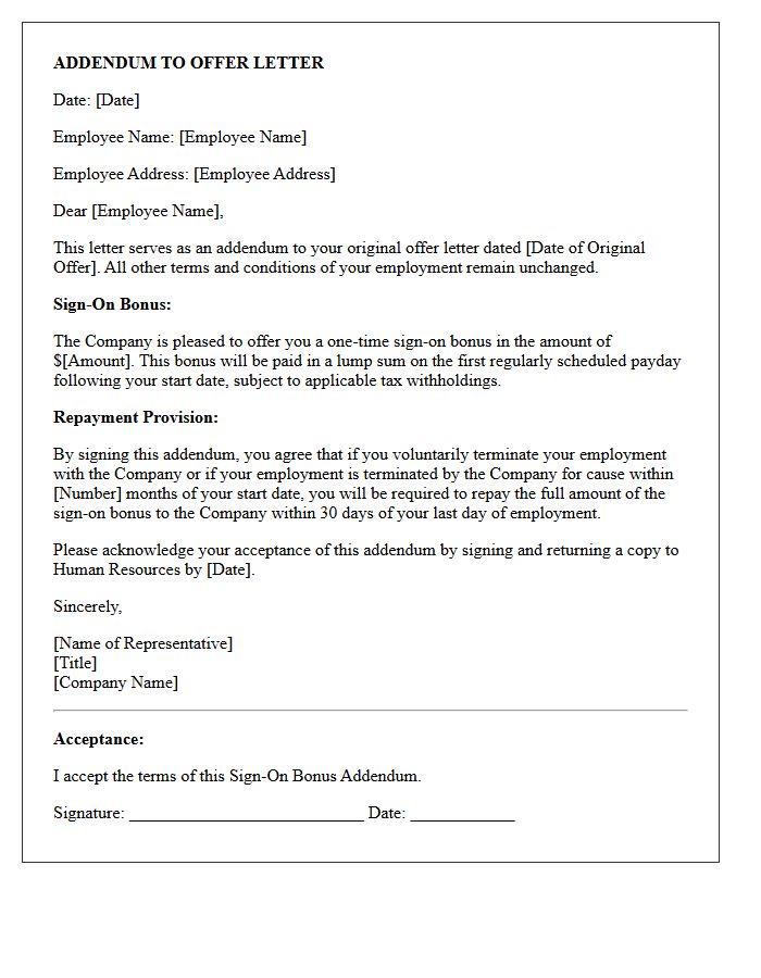 Sign-On Bonus Addition Offer Letter Addendum
