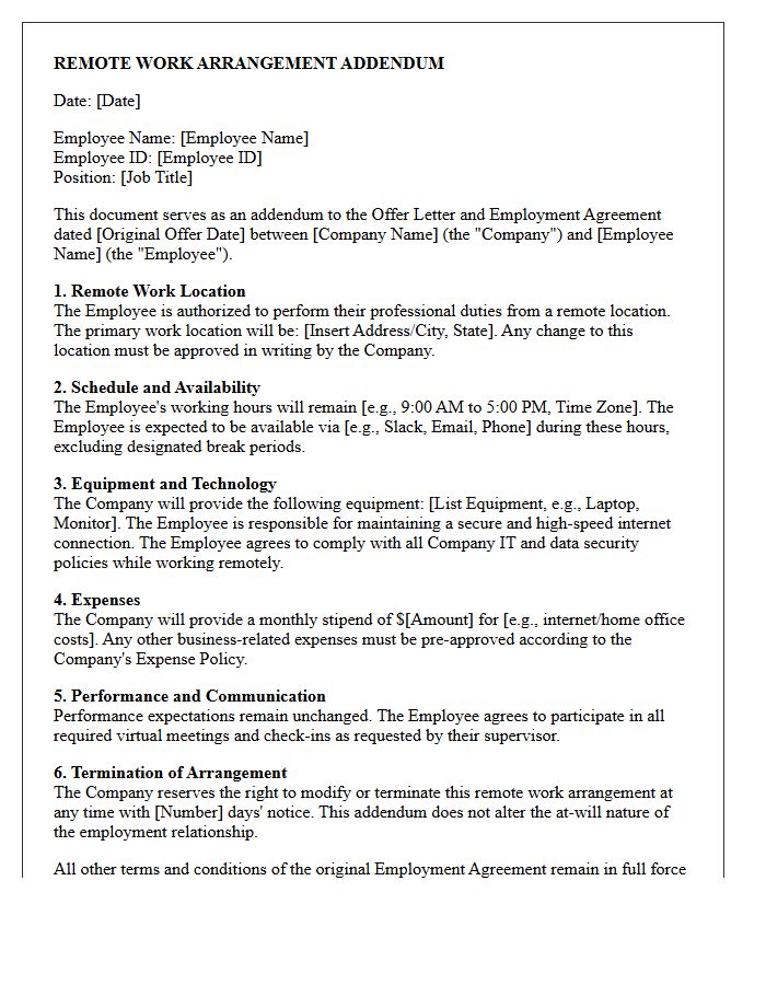 Remote Work Arrangement Offer Letter Addendum