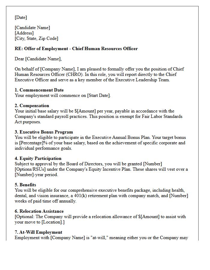 Chief Human Resources Officer Executive Offer Letter