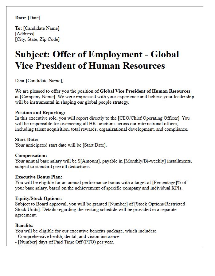 Global Vice President of Human Resources Offer Letter