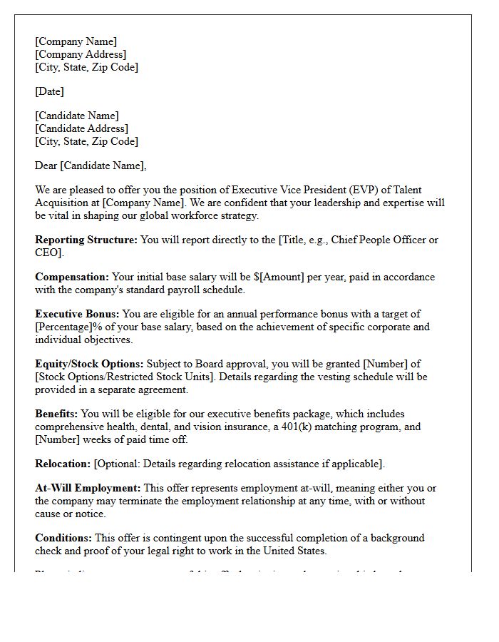 Executive Vice President of Talent Acquisition Offer Letter