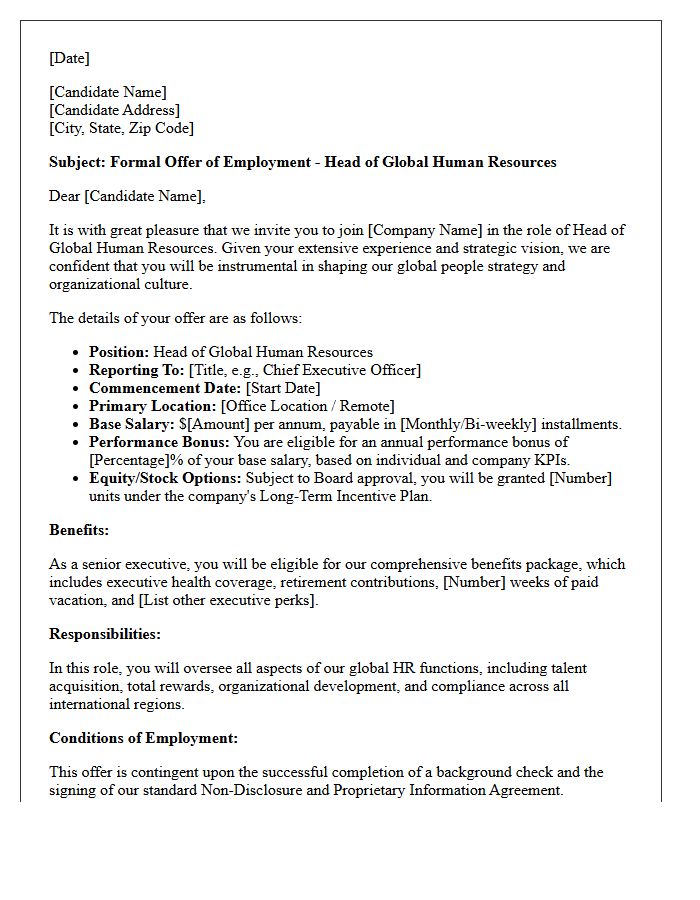 Head of Global Human Resources Formal Offer Letter