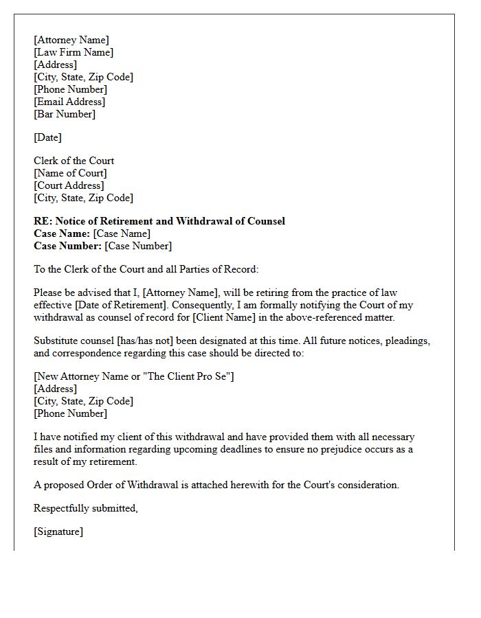 Court Notification Attorney Retirement Disengagement Letter