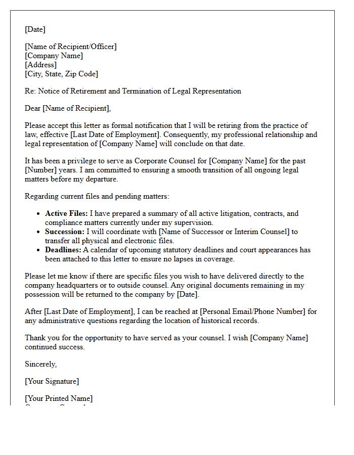 Corporate Counsel Attorney Retirement Disengagement Letter