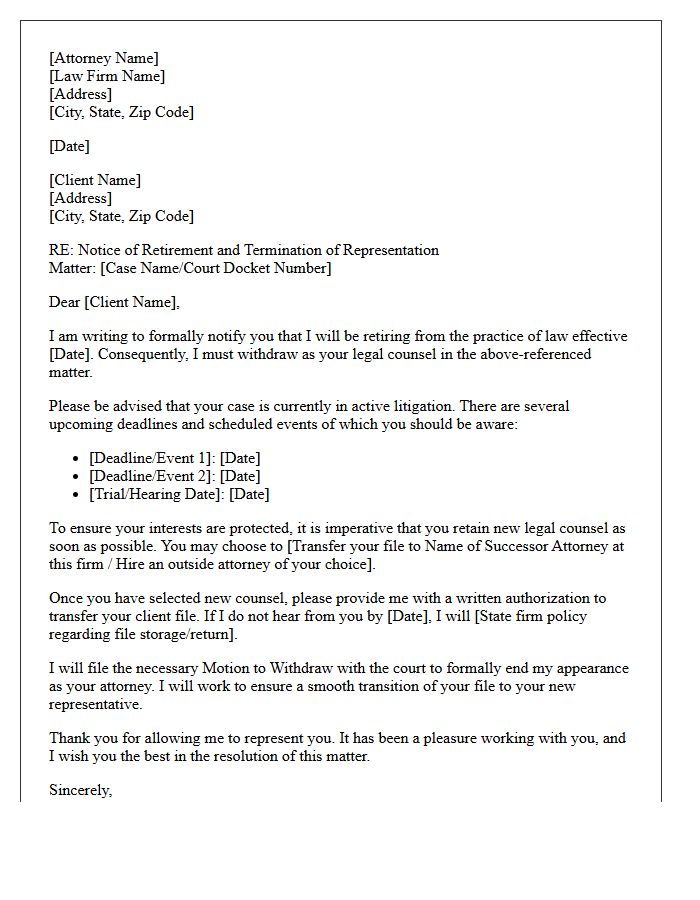 Pending Litigation Attorney Retirement Disengagement Letter