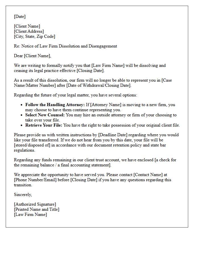 Standard Law Firm Dissolution Disengagement Letter