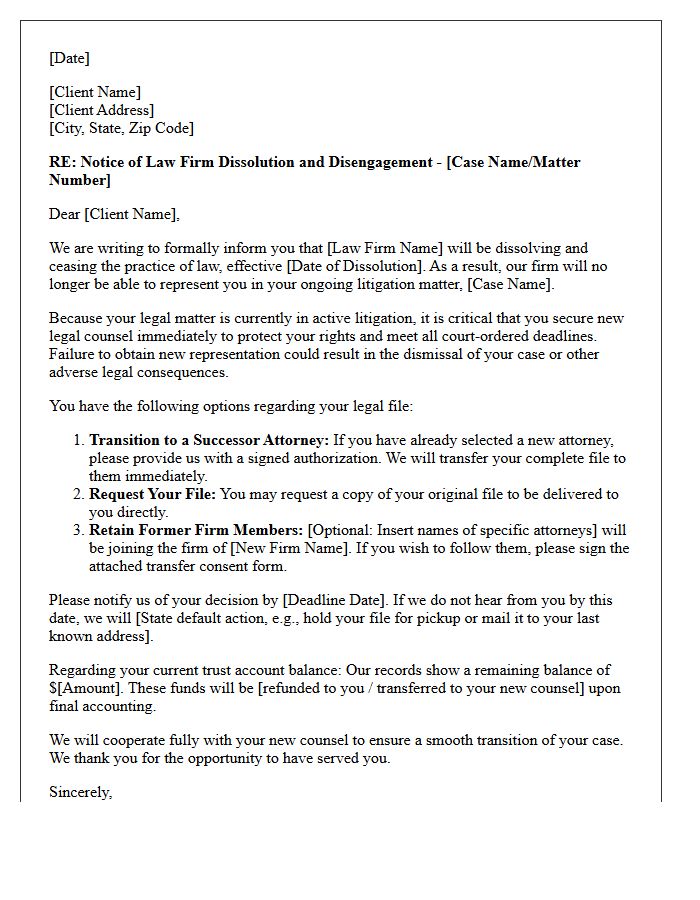 Active Litigation Law Firm Dissolution Disengagement Letter